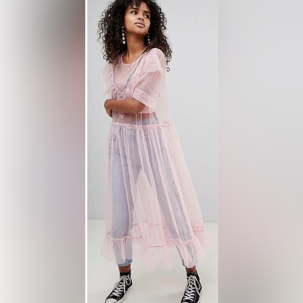 Pink Lace Overlay Dress embroidered with ruffled sleeves sheer - Picture 11 of 16